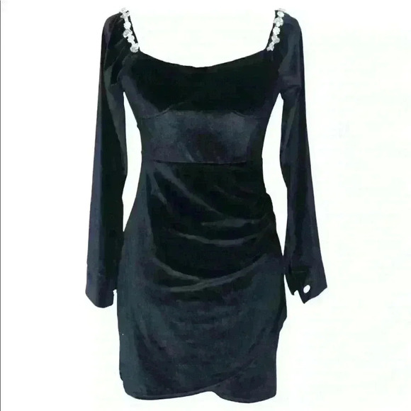 Celine Rhinestone Velvet Long Sleeve Mini Dress in Black - Picture 1 of 2
